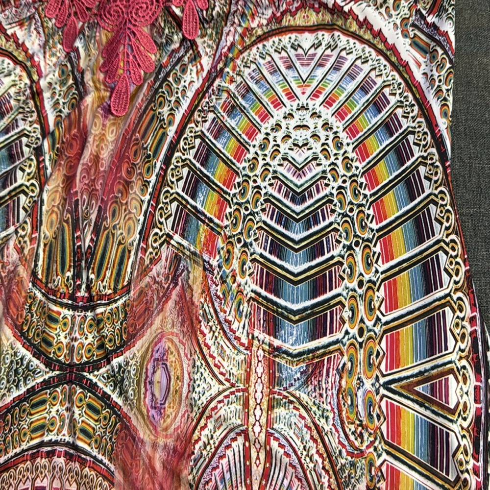 ONE WORLD STARAC Maxi Dress BOHO Crochet Lace Colorful Rainbow Abstract Print M - Picture 6 of 12